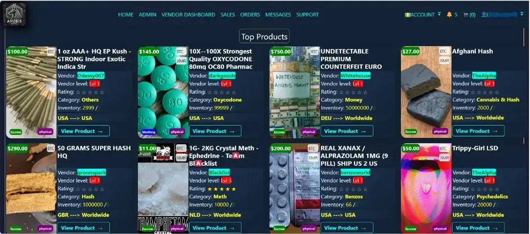 Anubis Market homepage screenshot showing product listings